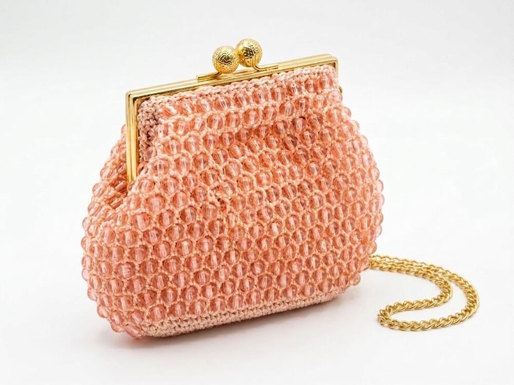 Vintage 1960s JEM Hong Kong Pink Beaded Clutch Purse Peach Crystal Bead Handbag